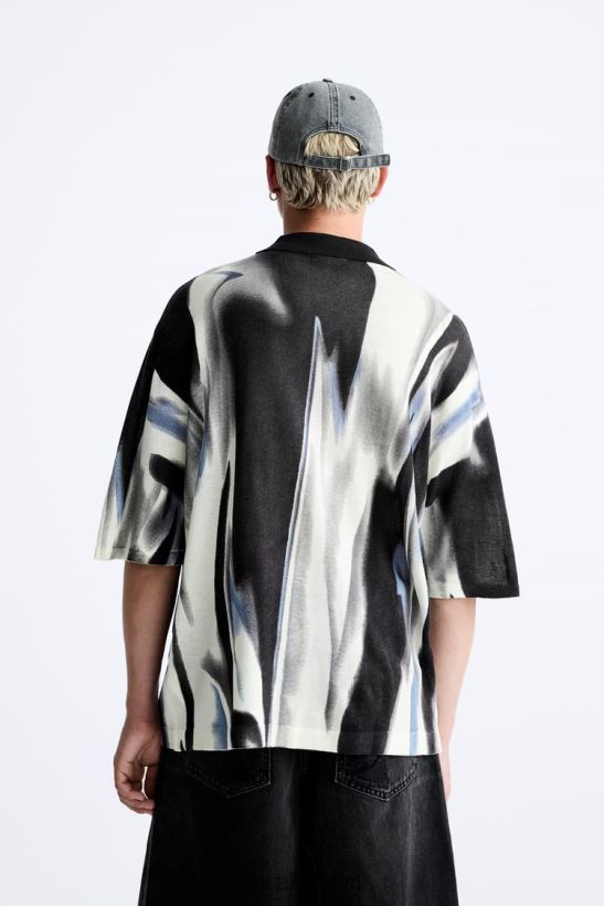 Zara قميص بولو متماسك بطبعة تجريدية رجال رمادي ملابس 6L6LL81228