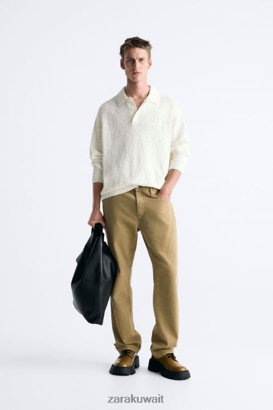 Zara بولو متماسكة رجال بيج فاتح ملابس 6L6LL81230