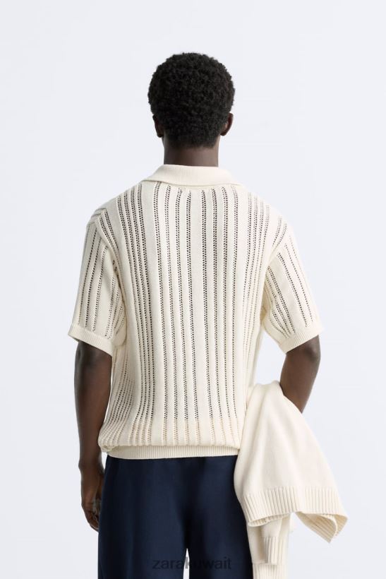 Zara بولو متماسكة من الكروشيه رجال اللون البيج ملابس 6L6LL81233
