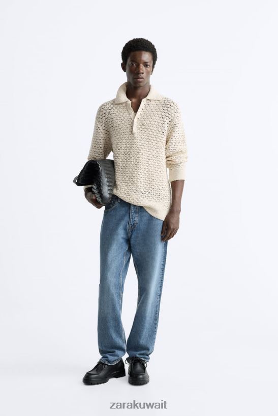 Zara بولو متماسكة من الكروشيه رجال بيج فاتح ملابس 6L6LL81234