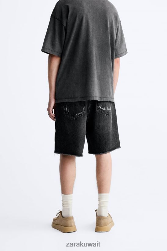 Zara شورت جينز ممزق رجال أسود ملابس 6L6LL81241