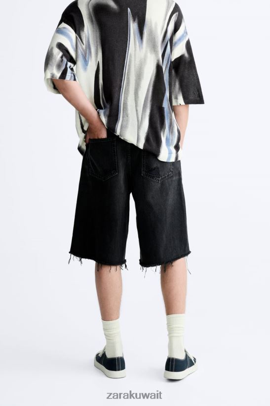 Zara شورت جينز بقصة مريحة رجال أسود ملابس 6L6LL81243