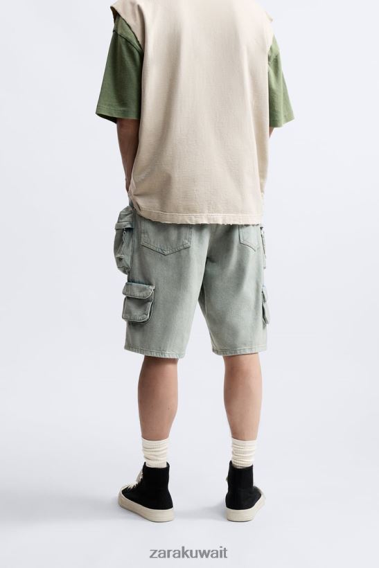 Zara شورت الدنيم المنفعة رجال أزرق أخضر ملابس 6L6LL81247