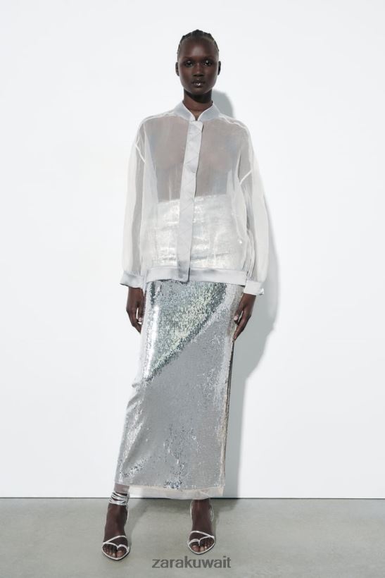 Zara مهاجم الأورجانزا بتأثير الساتان نحيف منتصف إكرو ملابس 6L6LL8125