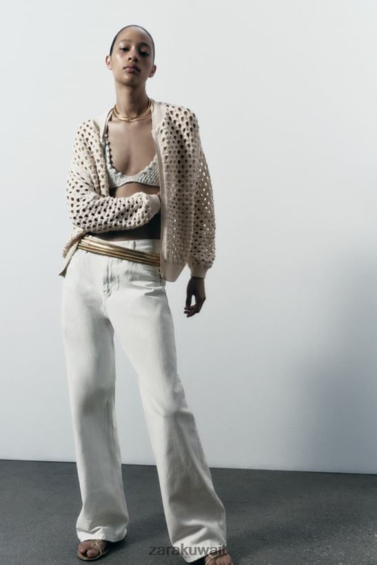 Zara سترة بومبر متماسكة مفتوحة نحيف بيج فاتح ملابس 6L6LL8133