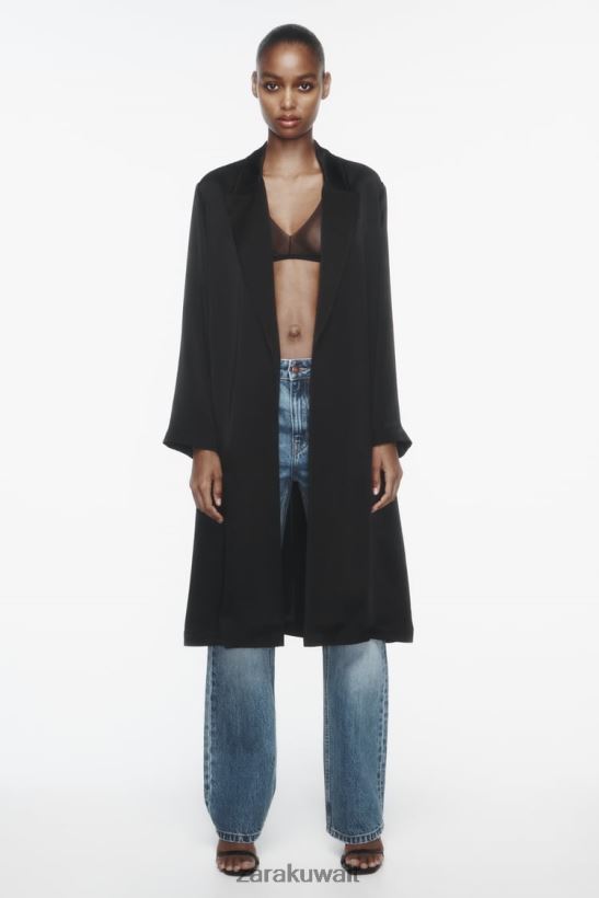 Zara معطف بتأثير الساتان نحيف أسود ملابس 6L6LL8135