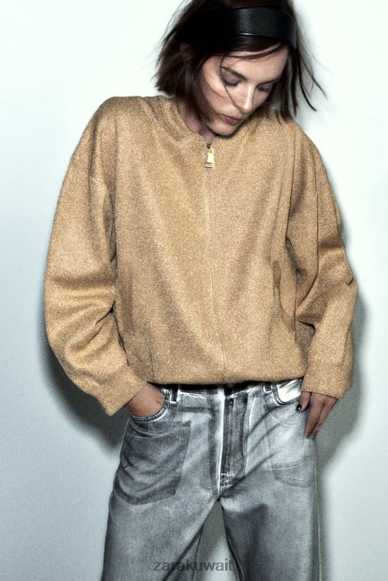 Zara سترة بومبر متماسكة بخيط معدني نحيف ذهبي ملابس 6L6LL814