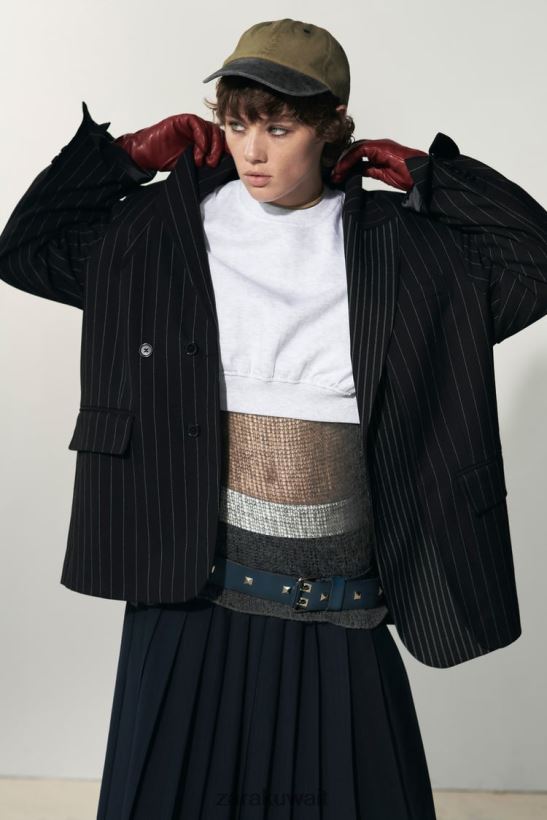 Zara سترة مقلمة كبيرة الحجم نحيف أسود ملابس 6L6LL8142