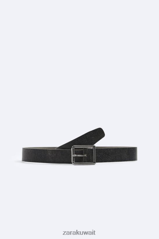 Zara حزام جلد بتأثير مغسول رجال أسود مُكَمِّلات 6L6LL81456