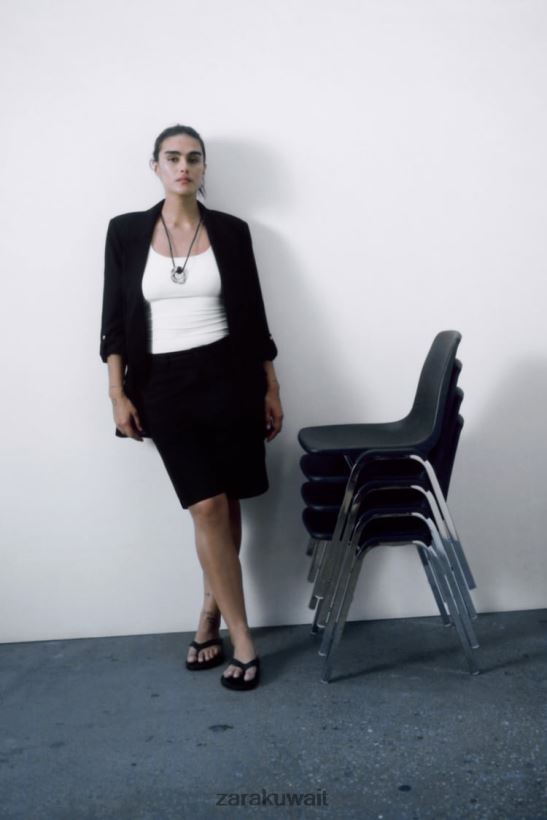 Zara سترة بأكمام مطوية نحيف أسود ملابس 6L6LL8155