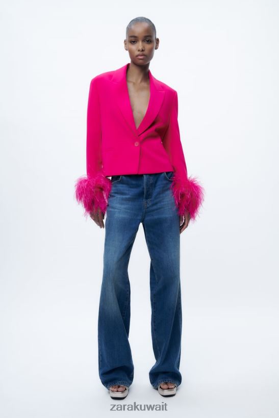 Zara سترة ريش قصيرة نحيف الفوشيه النيون ملابس 6L6LL8166