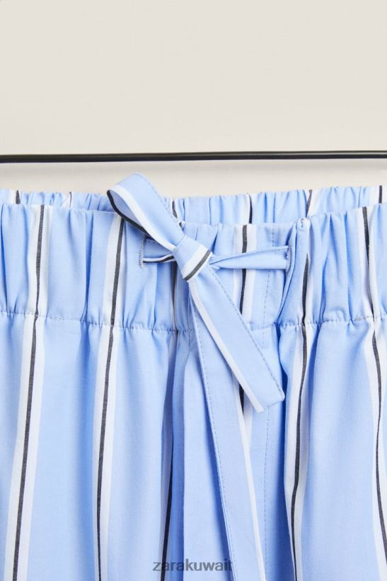 Zara السراويل القطنية المخططة نحيف أزرق ملابس 6L6LL81794