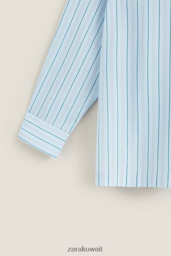 Zara قميص بخطوط رفيعة نحيف أزرق ملابس 6L6LL81795