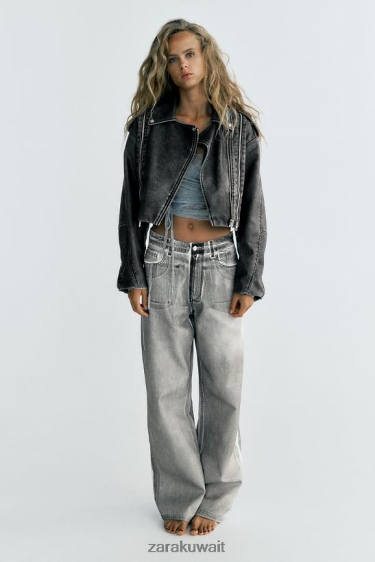 Zara سترة راكب الدراجة النارية من الجلد الصناعي المتعثرة نحيف رمادي ملابس 6L6LL818