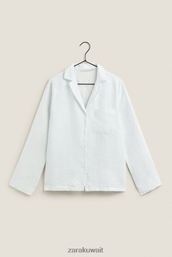 Zara قميص كتان مخطط نحيف أزرق فاتح ملابس 6L6LL81806