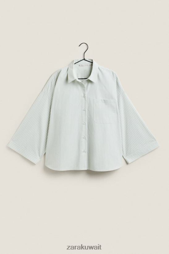 Zara قميص مخطط نحيف اخضر فاتح ملابس 6L6LL81808