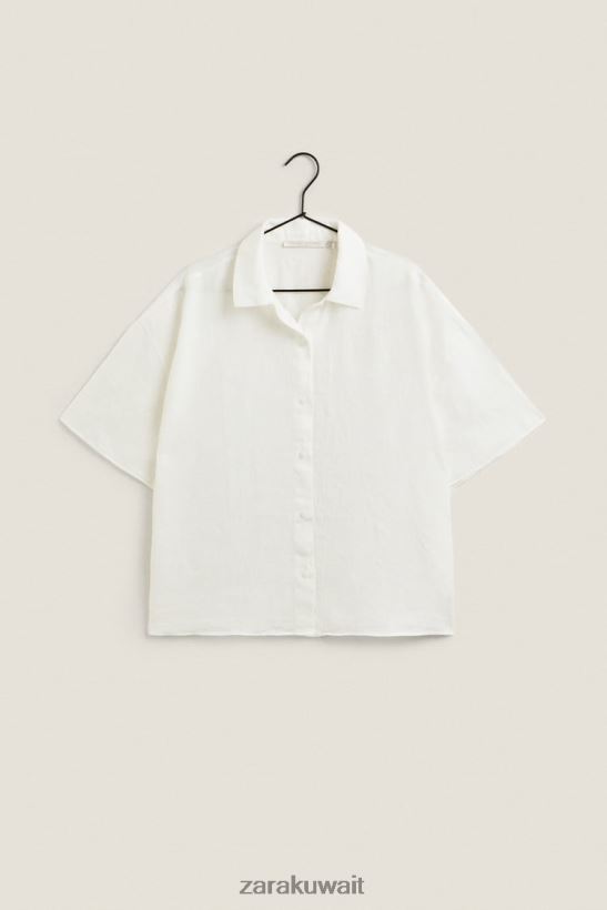 Zara قميص الكتان نحيف بيج فاتح ملابس 6L6LL81814