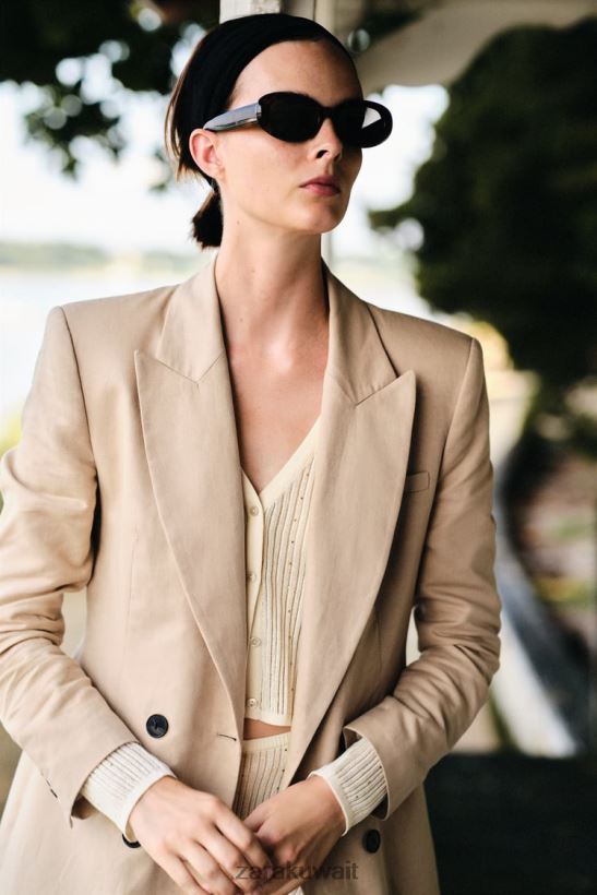 Zara سترة مزدوجة الصدر من مزيج الكتان نحيف رمل ملابس 6L6LL8183