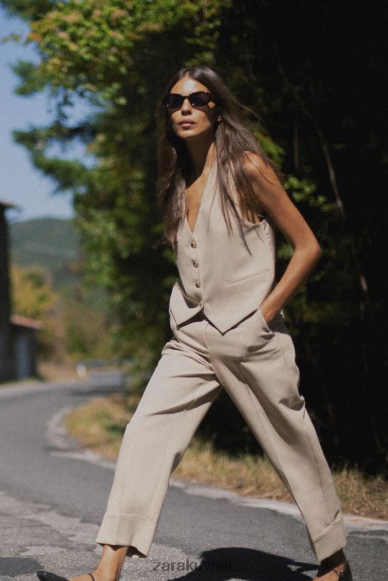 Zara سترة مقلمة مختلطة نحيف بني داكن ملابس 6L6LL8191