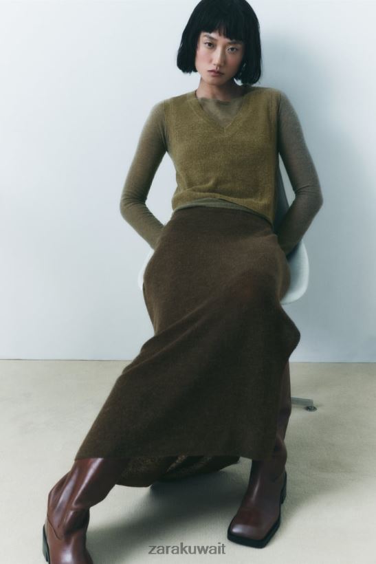 Zara سترة متماسكة اقتصاص نحيف أخضر زيتوني ملابس 6L6LL8203