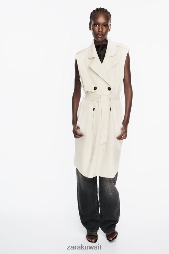 Zara سترة طويلة من جلد الغزال الصناعي نحيف بيج فاتح ملابس 6L6LL8208