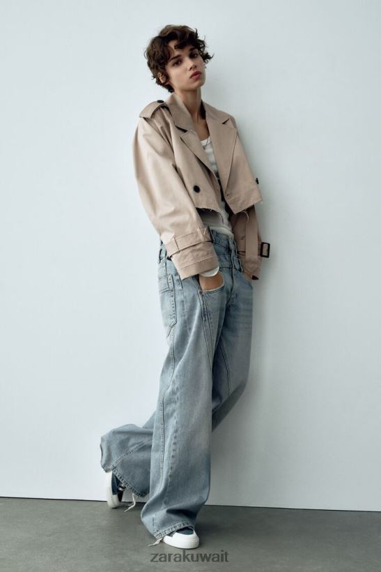 Zara سترة راكب الدراجة النارية ذات الحجم الكبير نحيف بني داكن ملابس 6L6LL821