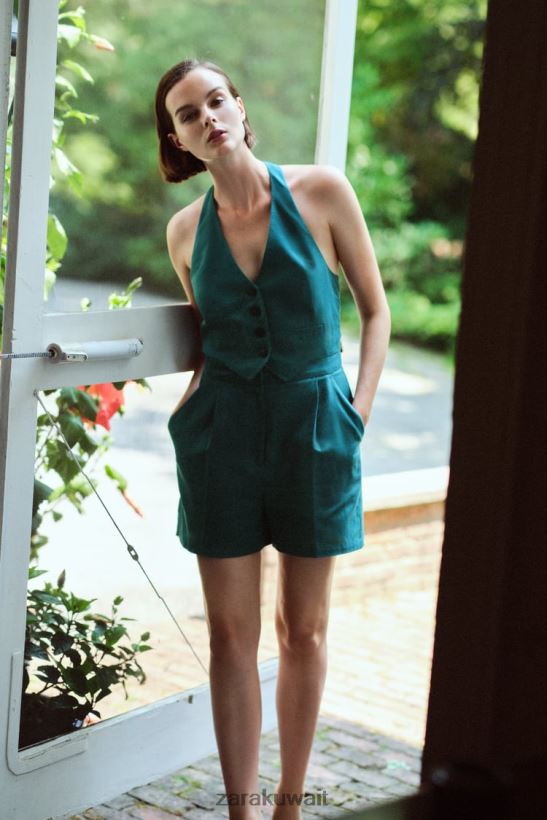 Zara بذلة من مزيج الكتان بدون أكمام نحيف بطة خضراء ملابس 6L6LL8212