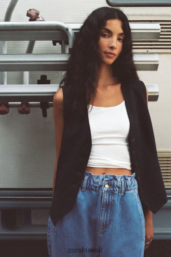 Zara صدرية مصنوعة من مزيج الكتان نحيف أسود ملابس 6L6LL8219