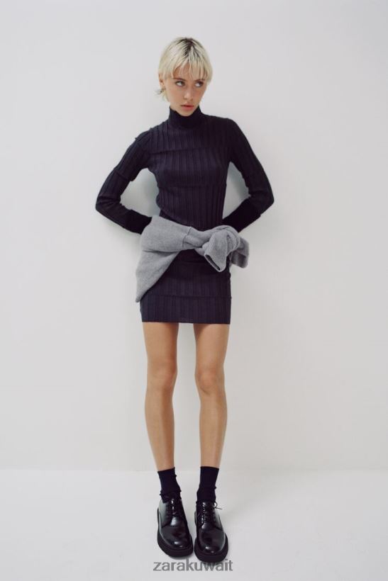 Zara فستان منسوج مضلع برقبة وهمية نحيف أنثراسيت رمادي ملابس 6L6LL8227