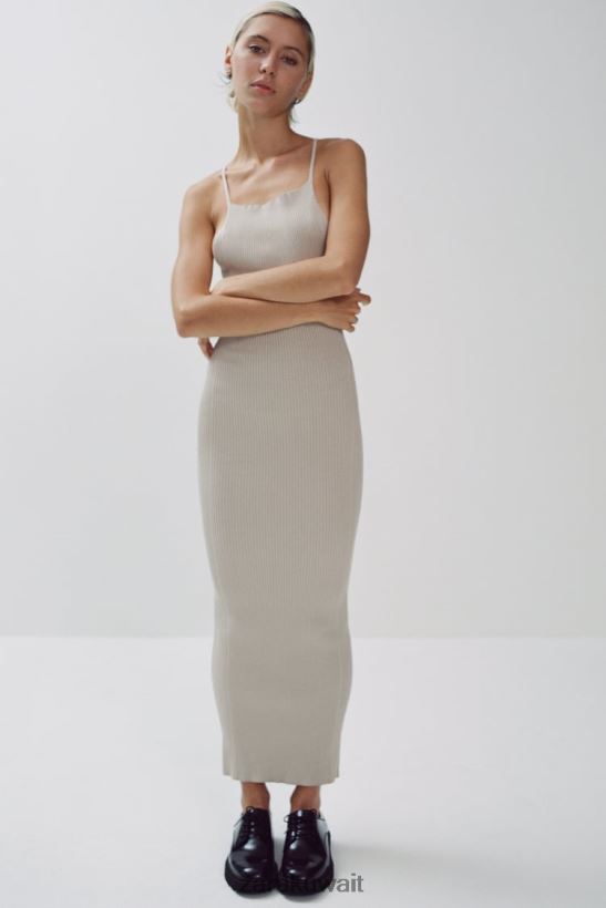 Zara فستان منسوج مضلع نحيف اللون البيج ملابس 6L6LL8229