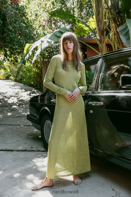 Zara فستان بخيط معدني نحيف أخضر ملابس 6L6LL8230