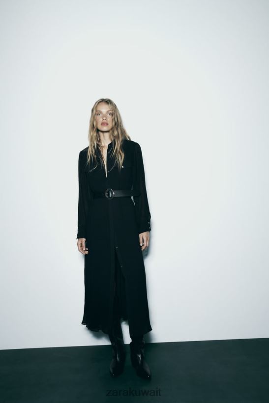 Zara فستان ميدي بحزام وكسرات نحيف أسود ملابس 6L6LL8232