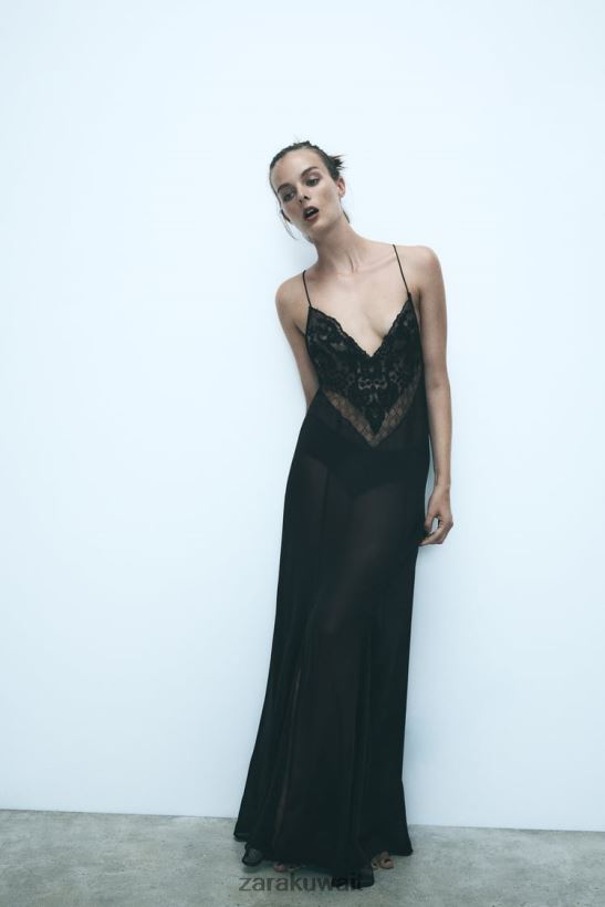 Zara فستان جورجيت مزين بالجبر نحيف أسود ملابس 6L6LL8236