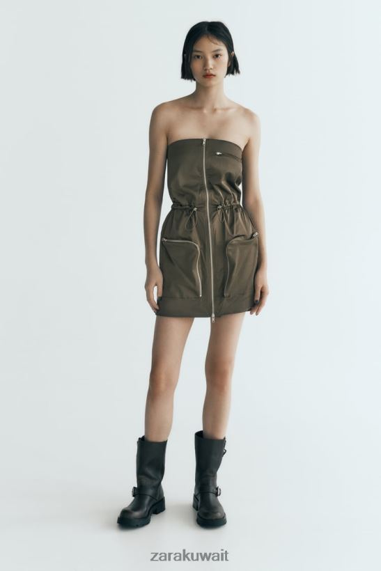 Zara ترتدى فستانا بدون اكمام نحيف الكاكي الداكن ملابس 6L6LL8240