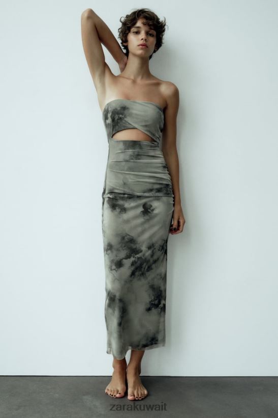 Zara قطع فستان تول مطبوع نحيف الخضر ملابس 6L6LL8244