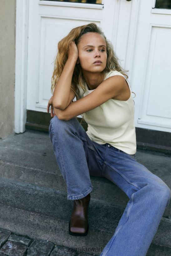 Zara جزء علوي مضلع نحيف بيج فاتح ملابس 6L6LL8251