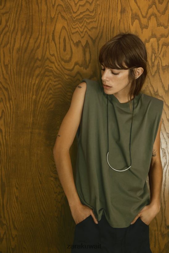 Zara أعلى وسادة الكتف نحيف الكاكي ملابس 6L6LL8253