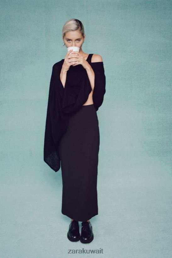 Zara قمة الرأس متماسكة من مزيج الصوف نحيف أسود ملابس 6L6LL8256