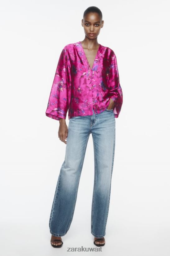 Zara قميص كيمونو مطبوع نحيف متعدد الألوان ملابس 6L6LL8275