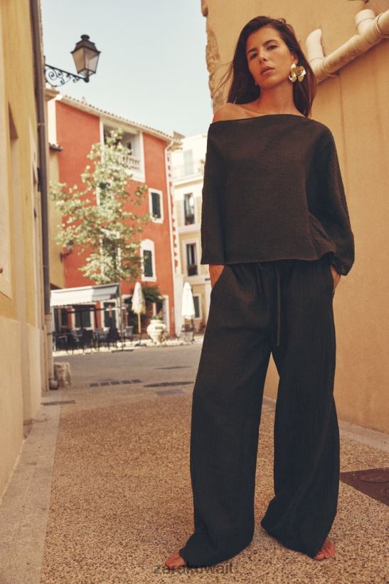 Zara جزء علوي من مزيج الكتان غير المتماثل نحيف بني غامق ملابس 6L6LL8280