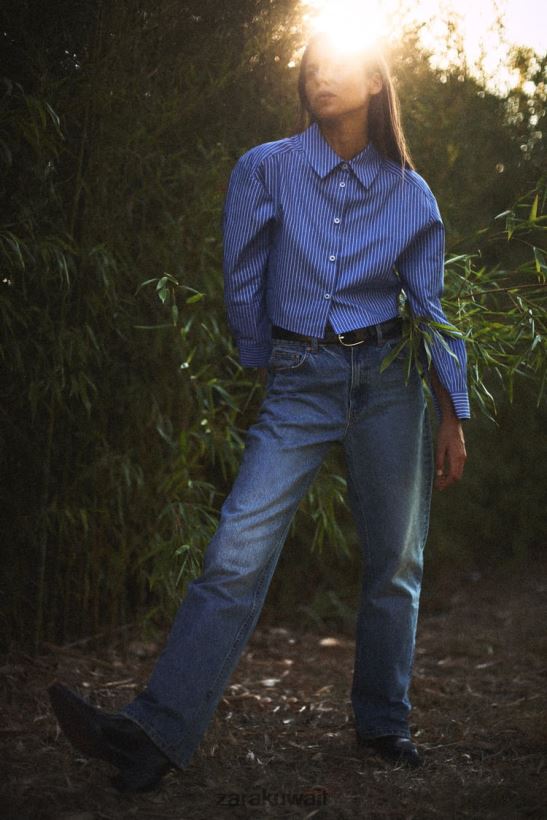 Zara قميص قصير مخطط نحيف أزرق أبيض ملابس 6L6LL8288