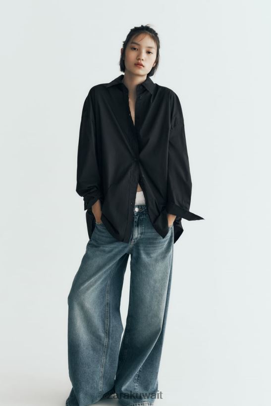 Zara قميص البوبلين كبير الحجم نحيف أسود ملابس 6L6LL8291