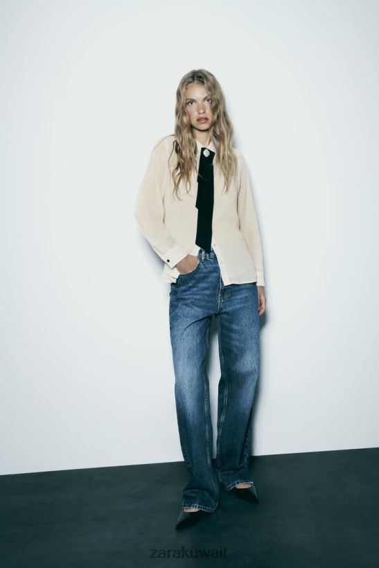 Zara قميص ربطة العنق ذو مظهر التجاعيد نحيف بيج فاتح ملابس 6L6LL8293