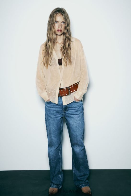 Zara قميص مطرز شبه شفاف نحيف اللون البيج ملابس 6L6LL8294