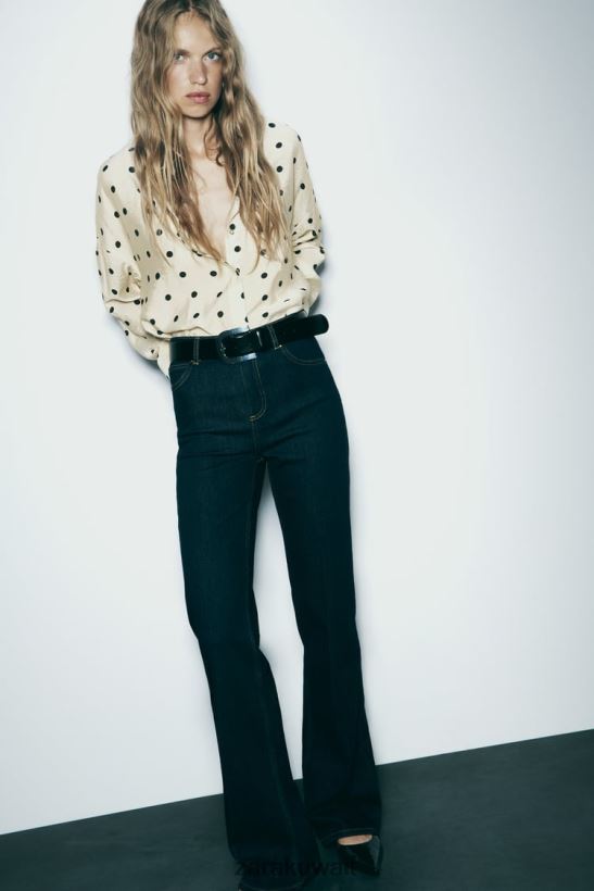 Zara قميص منقط نحيف بيج فاتح/أسود ملابس 6L6LL8295