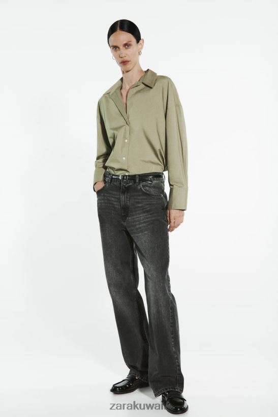 Zara قميص البوبلين نحيف كاكي فاتح ملابس 6L6LL8297