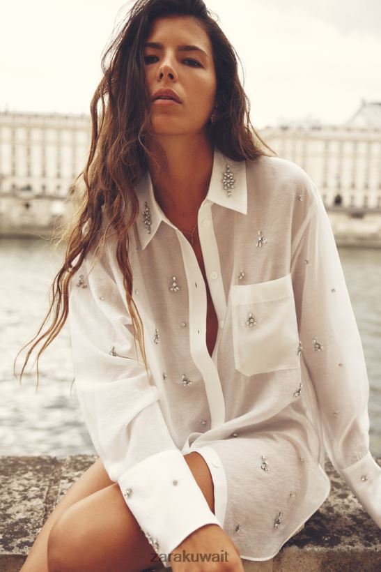 Zara قميص جوهرة مطرزة نحيف المحار الأبيض ملابس 6L6LL8307