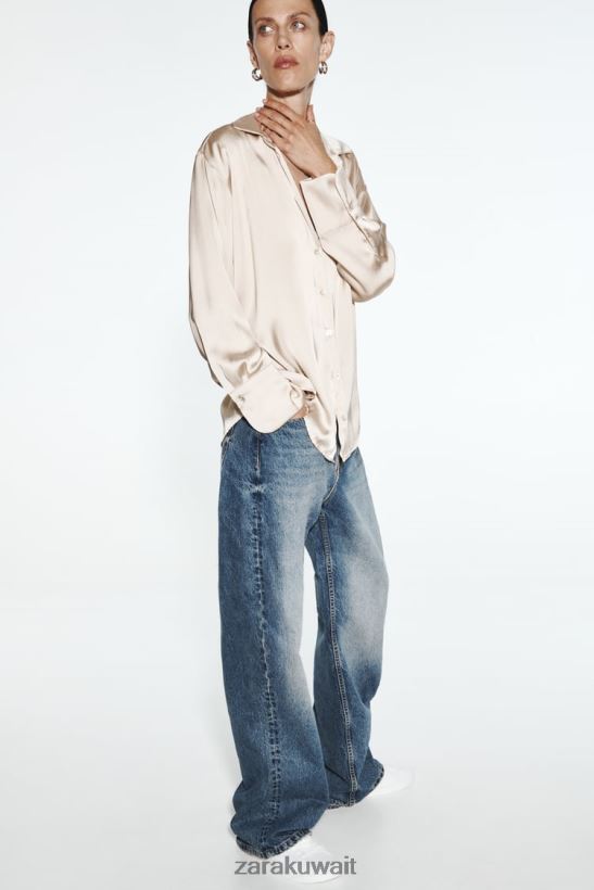 Zara قميص متدفق بتأثير الساتان نحيف الذهب الناعم ملابس 6L6LL8312