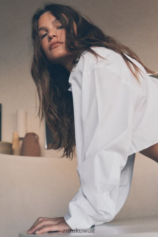 Zara قميص جبردين قصير نحيف أبيض ملابس 6L6LL8315