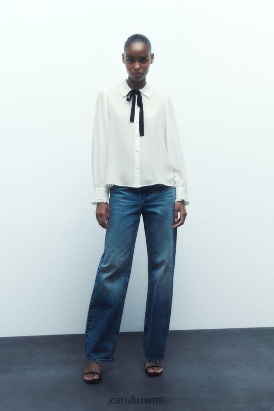 Zara قميص مع ربطة عنق متباينة نحيف أبيض ملابس 6L6LL8316